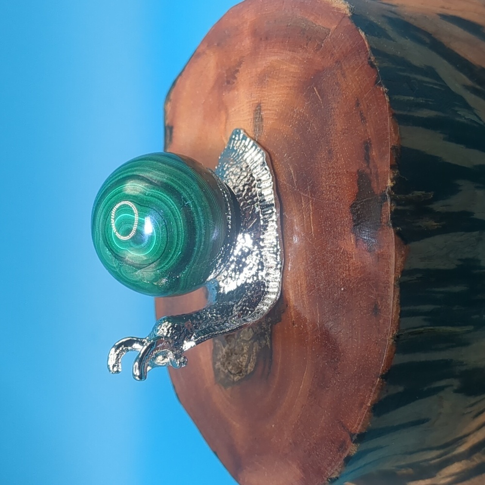 Adorable snail sphere holder with natural malachite sphere